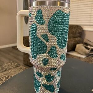 40oz cow print teal bling bling with straw and extra bling